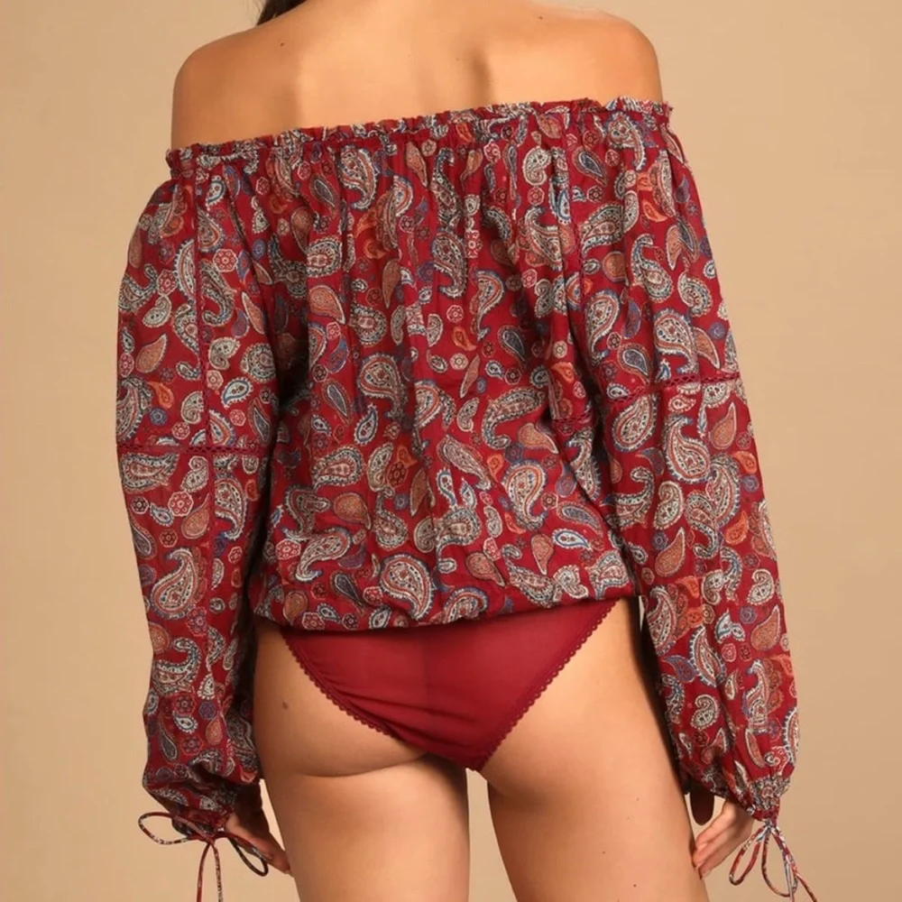 NWOT Free People Sundown Paisley Off Shoulder Bodysuit Red Vintage Combo XS/S